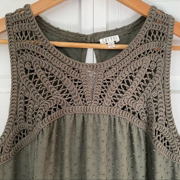 Spense Swiss Dot Tiered Midi Dress with Macrame Yoke Button Closure EUC Size: M - Picture 2 of 7